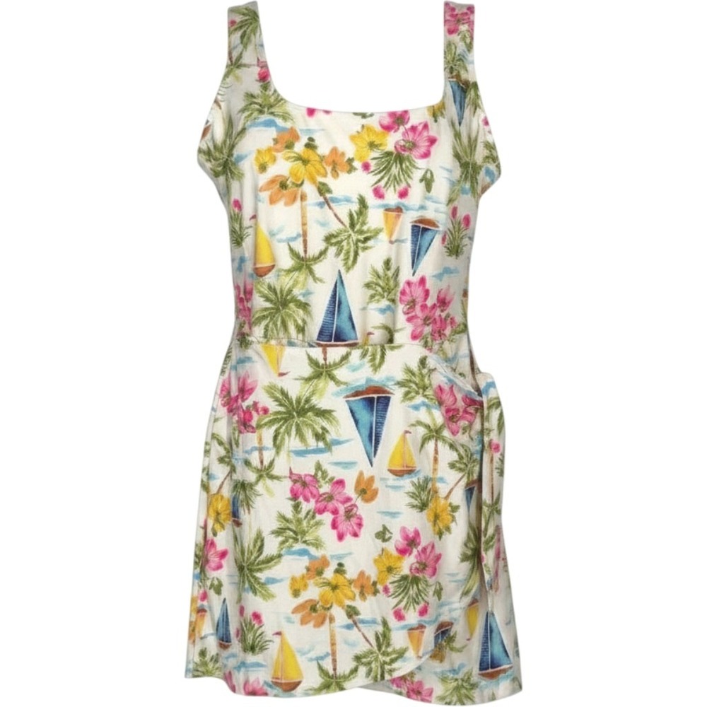 Old Navy Tropical Sailboat Floral Swim Dress Womens Large White One Piece Size L